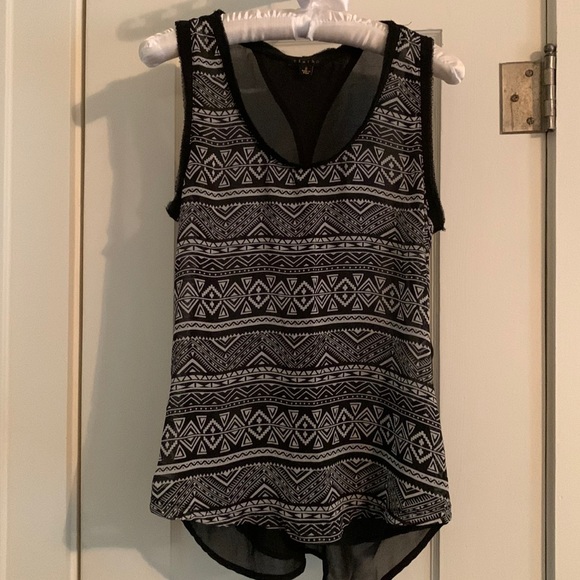 “Timing” Sleeveless Top: Semi-Sheer Fabric, Retro-Geo Print, Criss-Cross Back - Picture 1 of 8